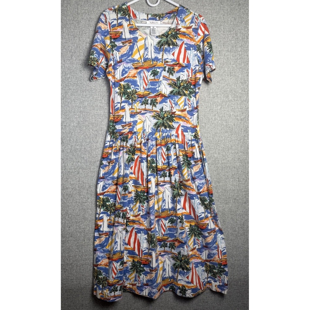 Vintage 90s/Y2K Talbots Blue Sailboat Nautical Midi Cotton Dress Pockets SMALL P